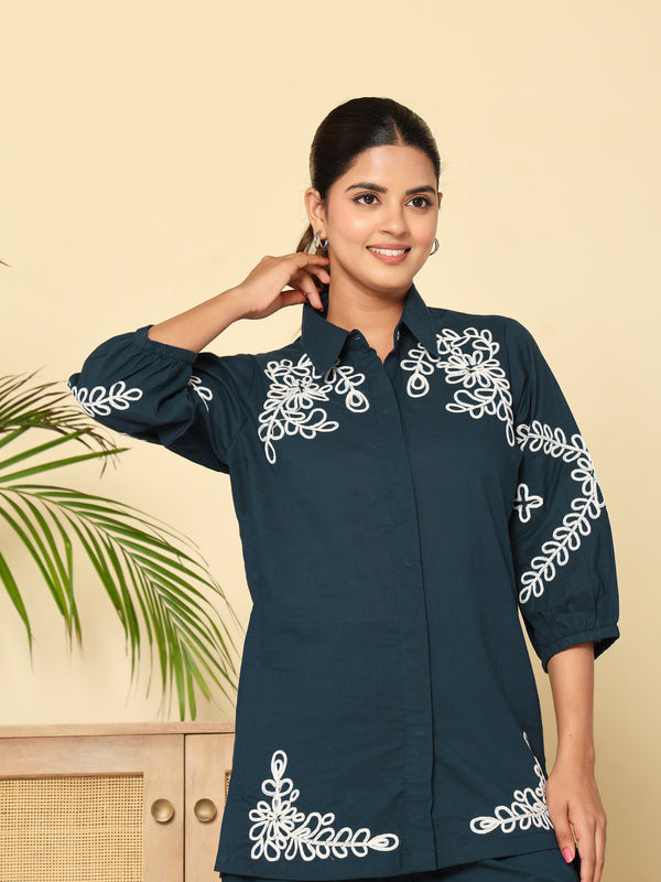 Midnight Bloom Navy Cotton Co-ord Set with Embroidery