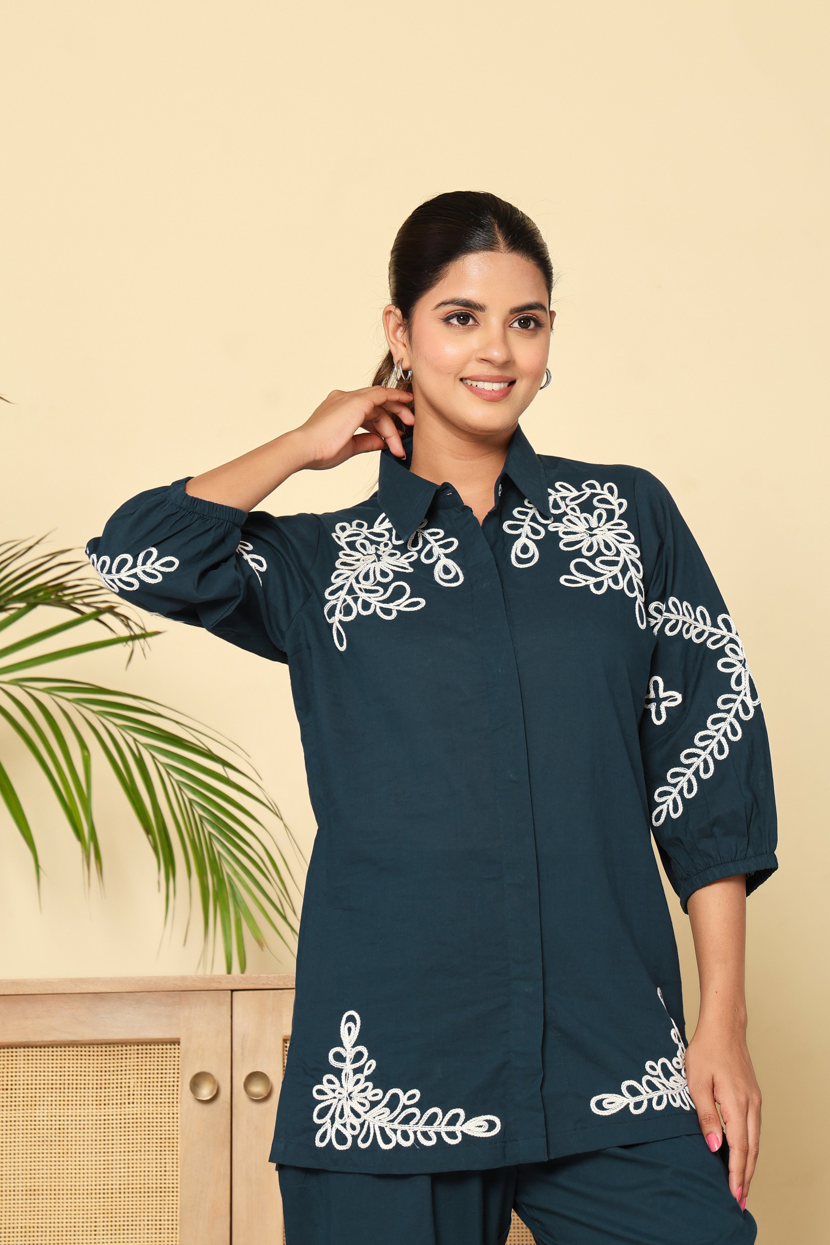 Midnight Bloom Navy Cotton Co-ord Set with Embroidery