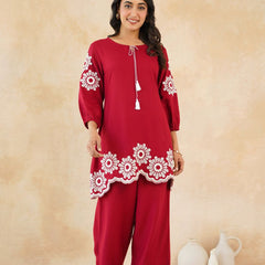 Stylish Red Flower Work Women’s Two-Piece Set