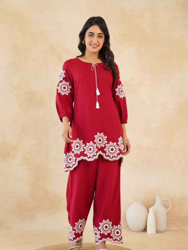 Stylish Red Flower Work Women’s Two-Piece Set