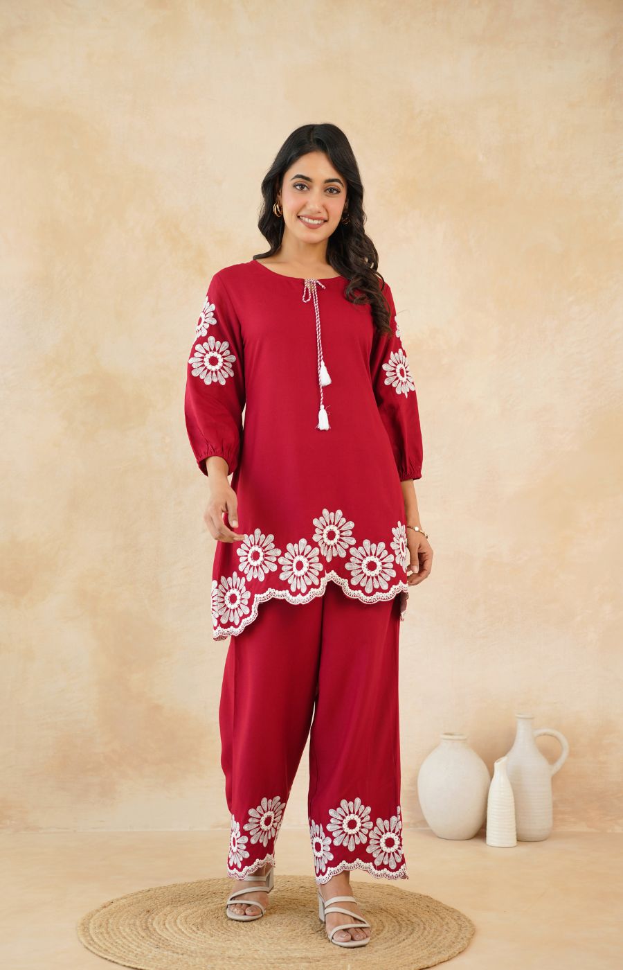 Stylish Red Flower Work Women’s Two-Piece Set