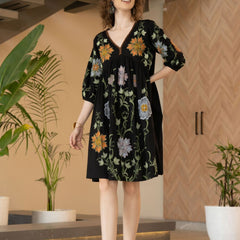Black Cotton Embroidered Midi Dress with V-Neck & Elbow Sleeves