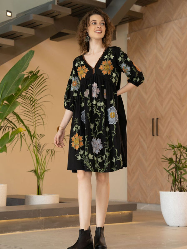 Black Cotton Embroidered Midi Dress with V-Neck & Elbow Sleeves