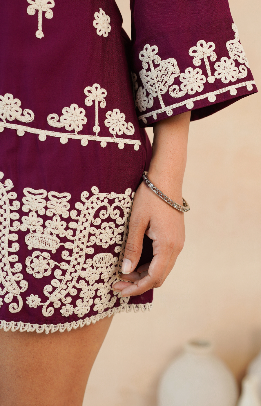 Maroon Embroidered Rayon Midi Dress