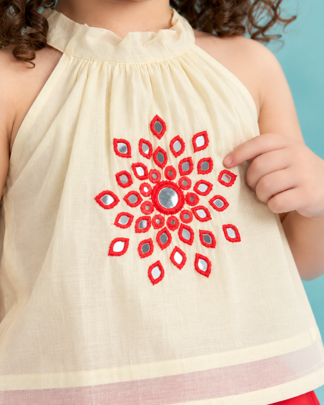 Girls' Cream Embroidered Halter Neck Top with Red Cotton Palazzo Set