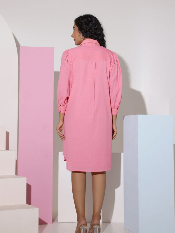 Pink Cotton Mini Shirt Dress