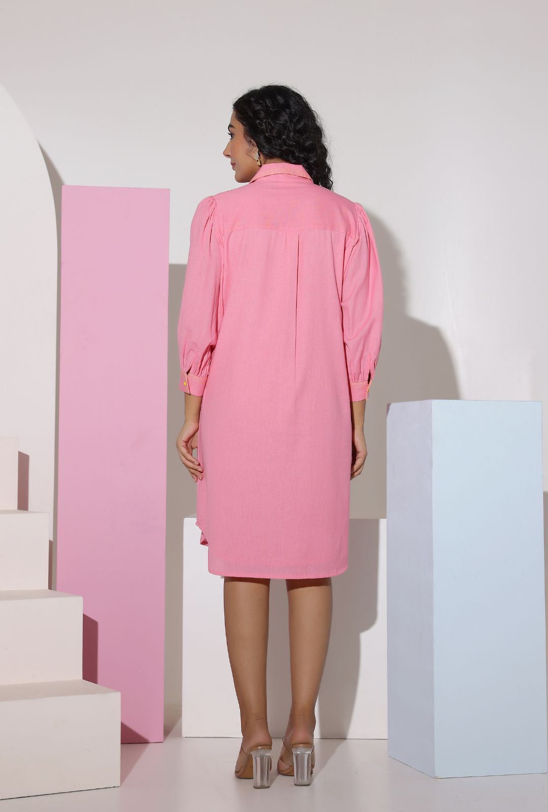 Pink Cotton Mini Shirt Dress