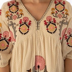 Elegant Cream Cotton Midi Dress with Embroidered Detail & V-Neckline