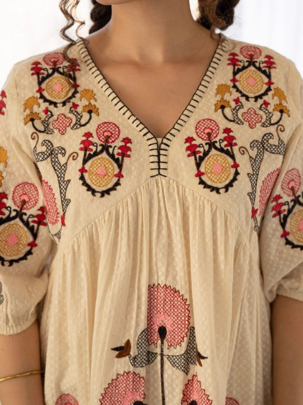 Elegant Cream Cotton Midi Dress with Embroidered Detail & V-Neckline