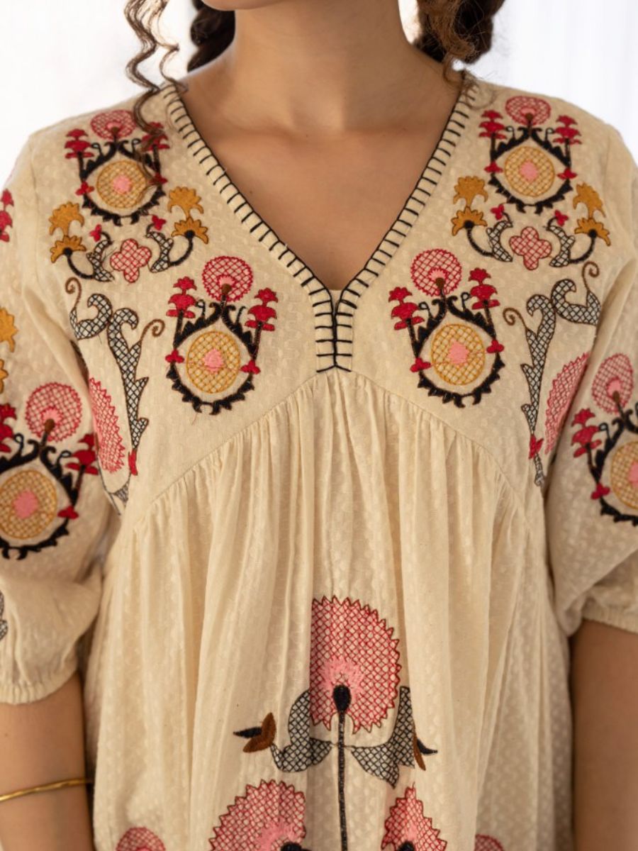 Elegant Cream Cotton Midi Dress with Embroidered Detail & V-Neckline