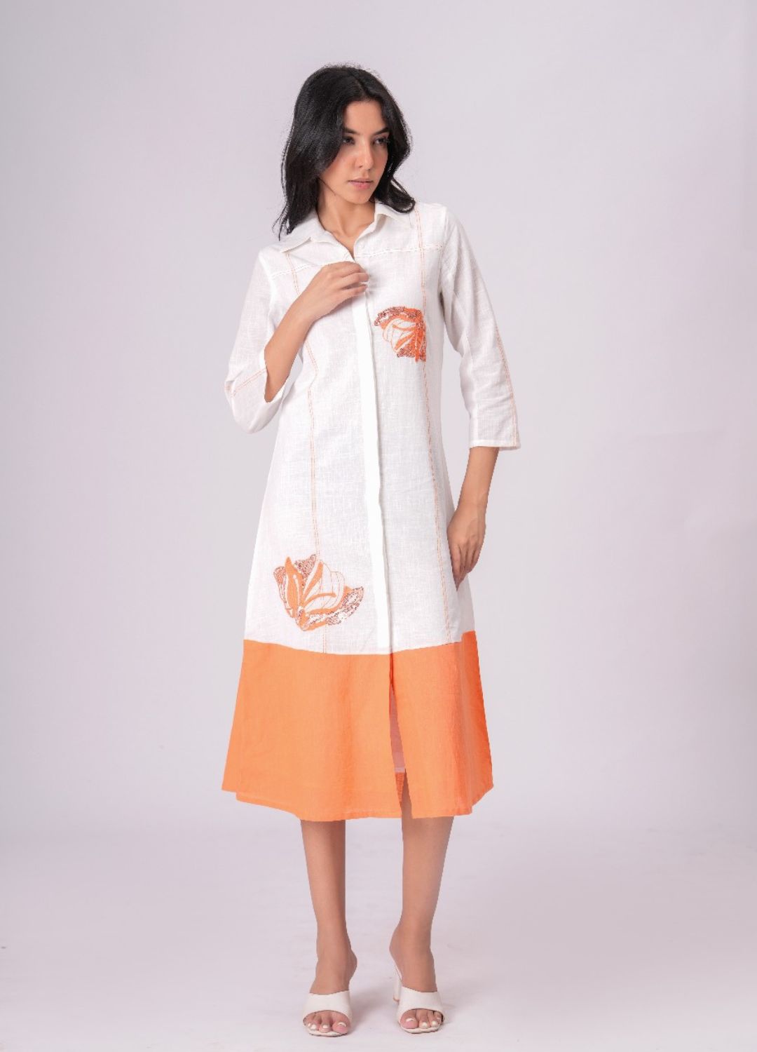 Airy Cotton Linen White Embroidered Midi Dress