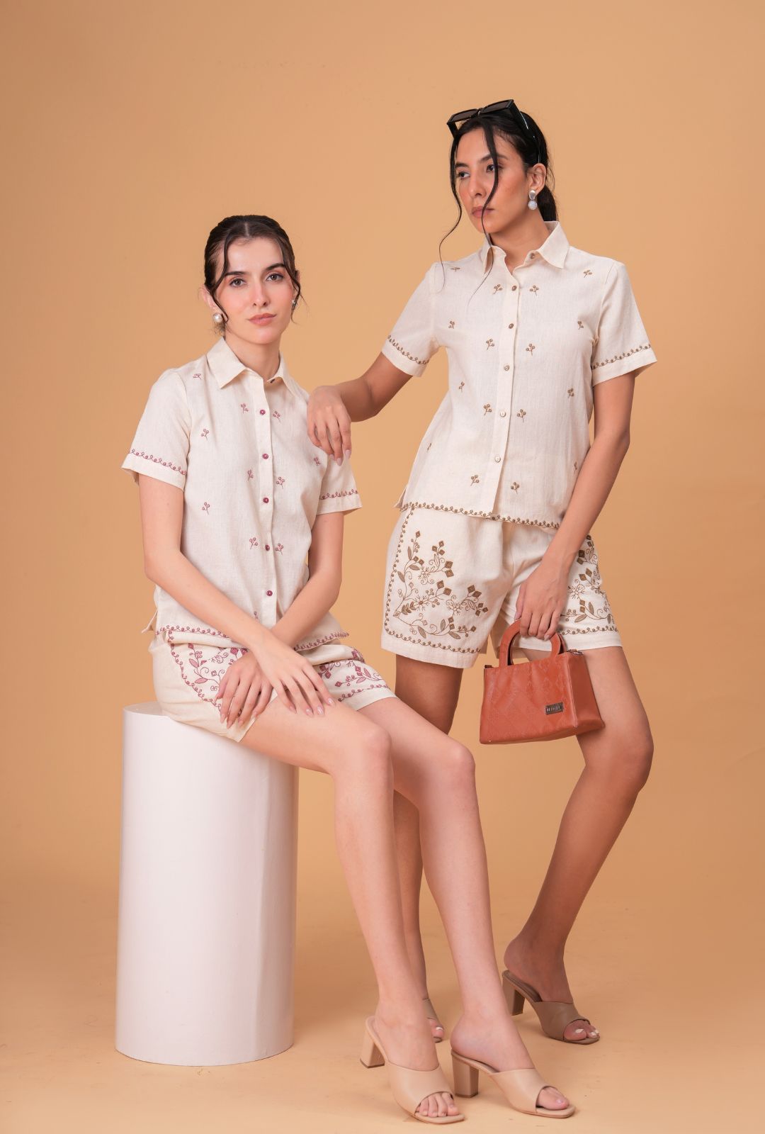 Beige Brown Embroidered  Co-ord Set