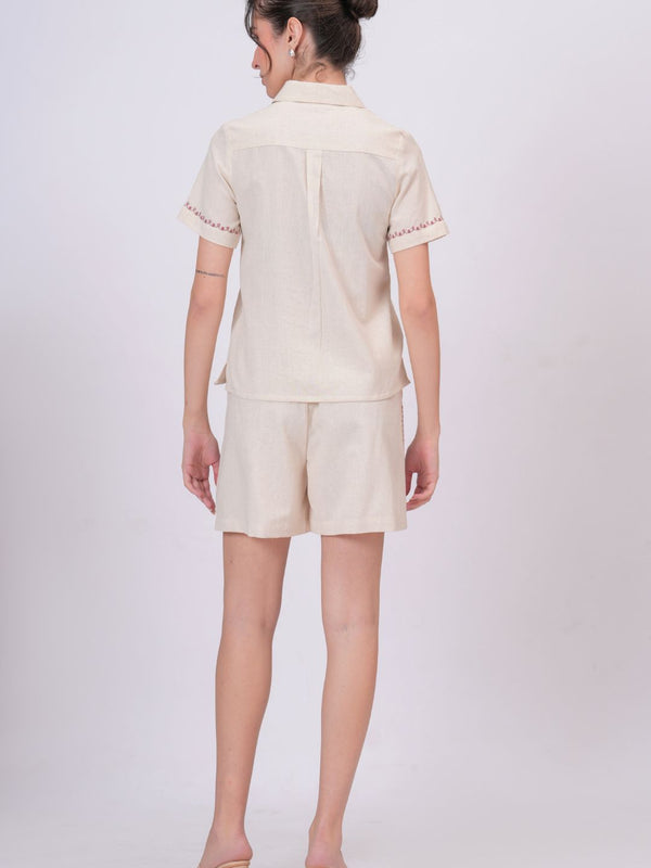 Blush Pink Embroidery Beige Cotton Co-ord Set