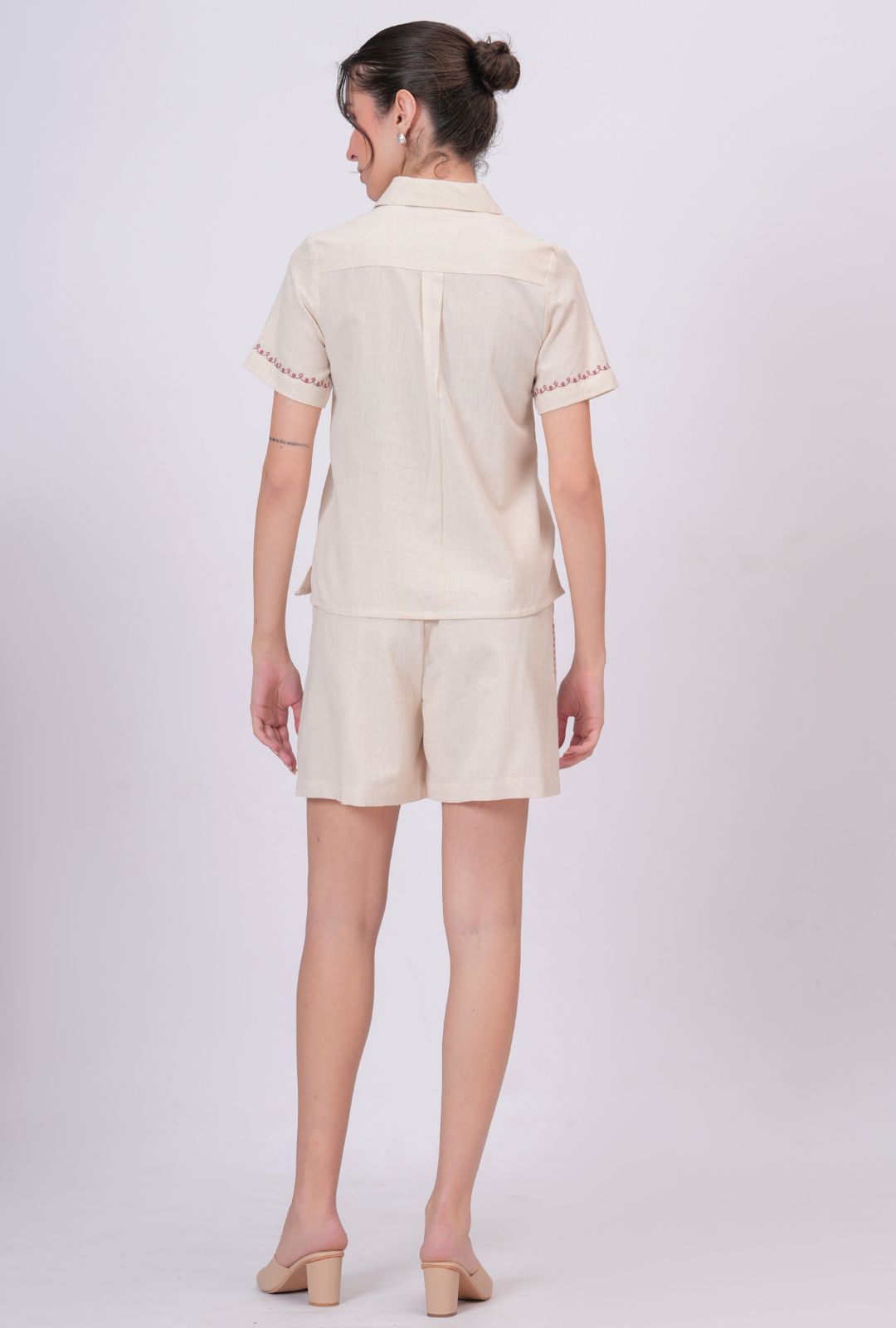 Blush Pink Embroidery Beige Cotton Co-ord Set