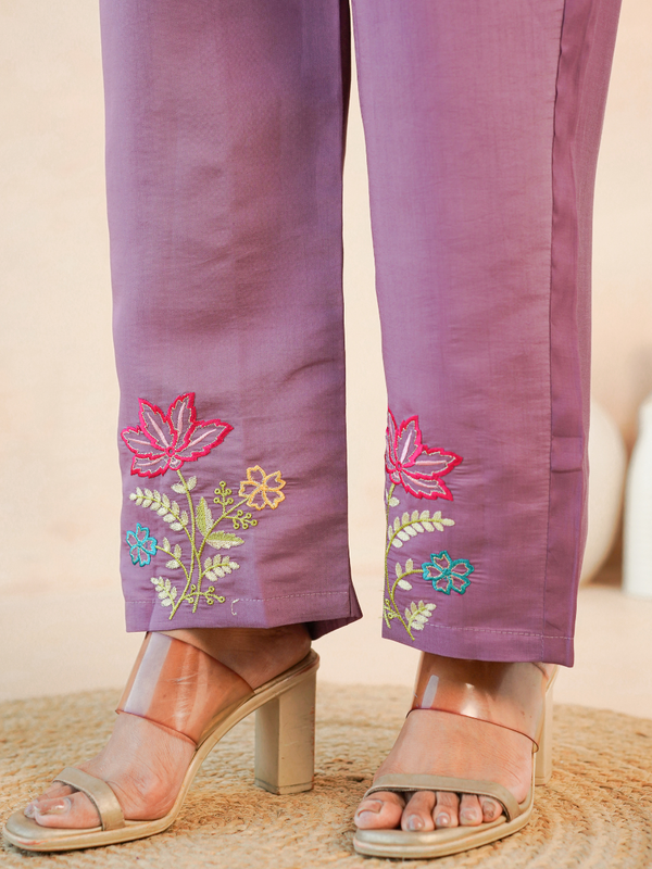 Lavender Floral Embroidered Kurta and Straight Pant Co-ord Set
