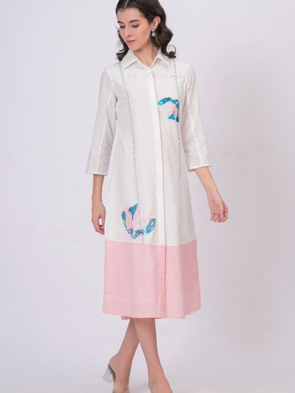 Pink Linen Embroidered Shirt Dress