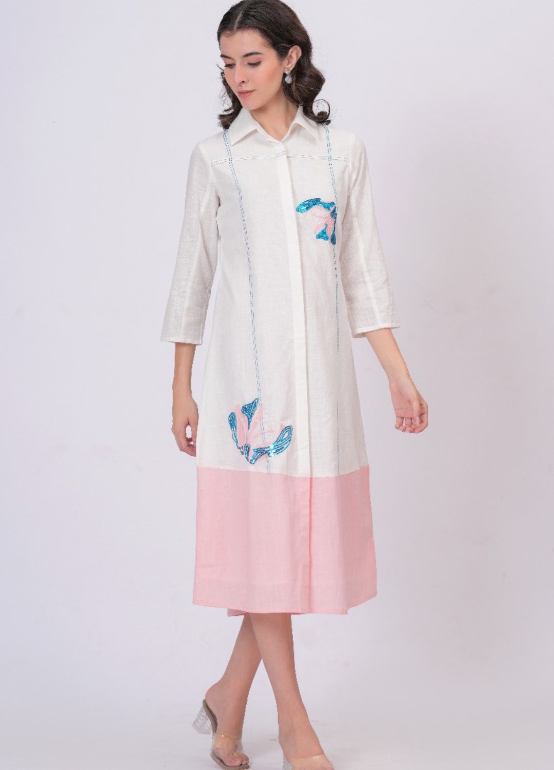 Pink Linen Embroidered Shirt Dress