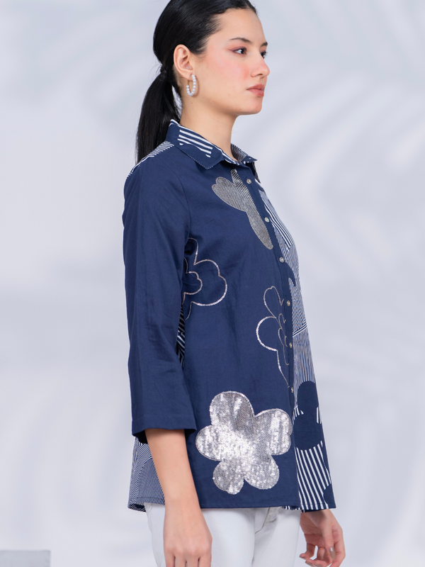 Women Designer Patchwork Navy Casual Shirt