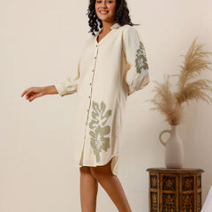 Beige flower embroidery Cotton Shirt Dress