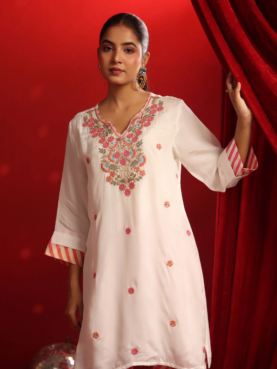 Ivory Pink Crepe Embroidered Kurta with Farshi Salwar Set