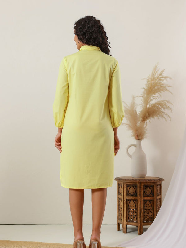 Sunshine Yellow Cotton Embroidered Shirt Dress