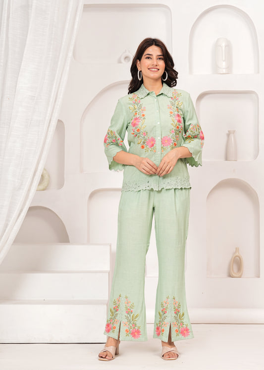 Rayon Olive Green Embroidered Co-Ord Set