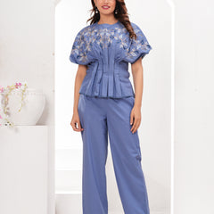 Serene Blue Cotton Embroidered Co-ord Set