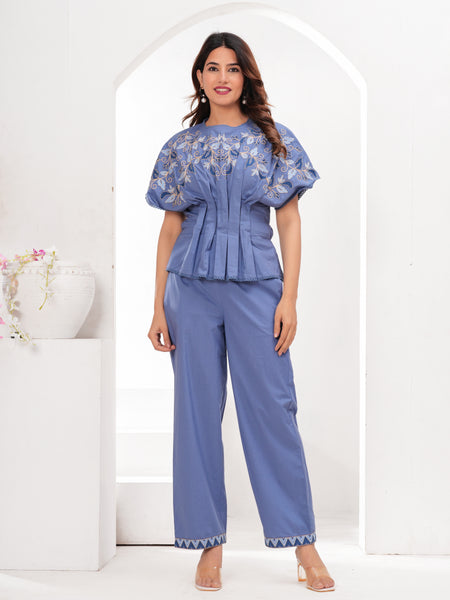Serene Blue Cotton Embroidered Co-ord Set