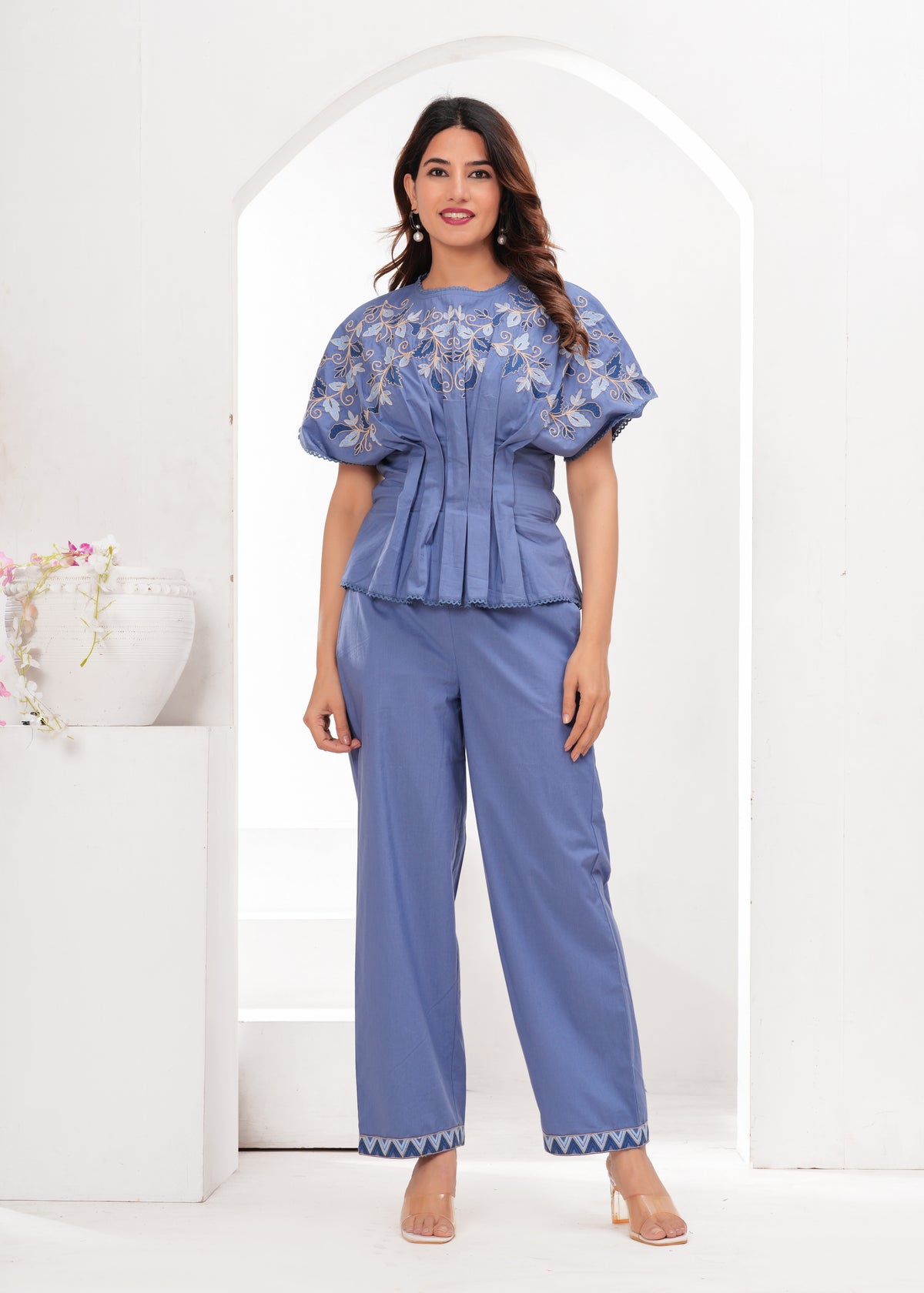 Serene Blue Cotton Embroidered Co-ord Set