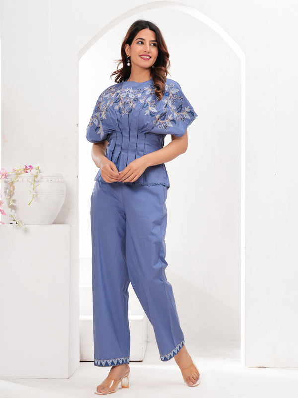 Serene Blue Cotton Embroidered Co-ord Set