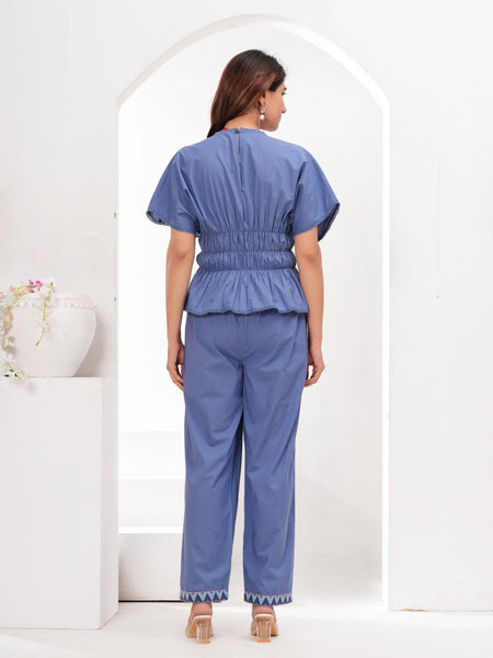 Serene Blue Cotton Embroidered Co-ord Set