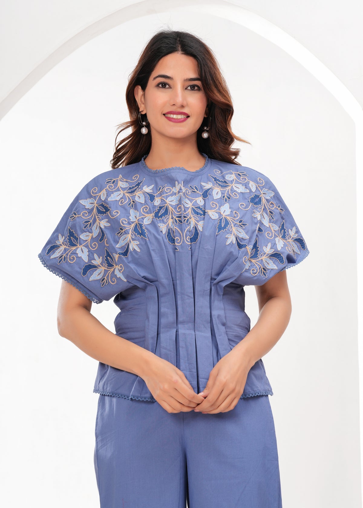 Serene Blue Cotton Embroidered Co-ord Set