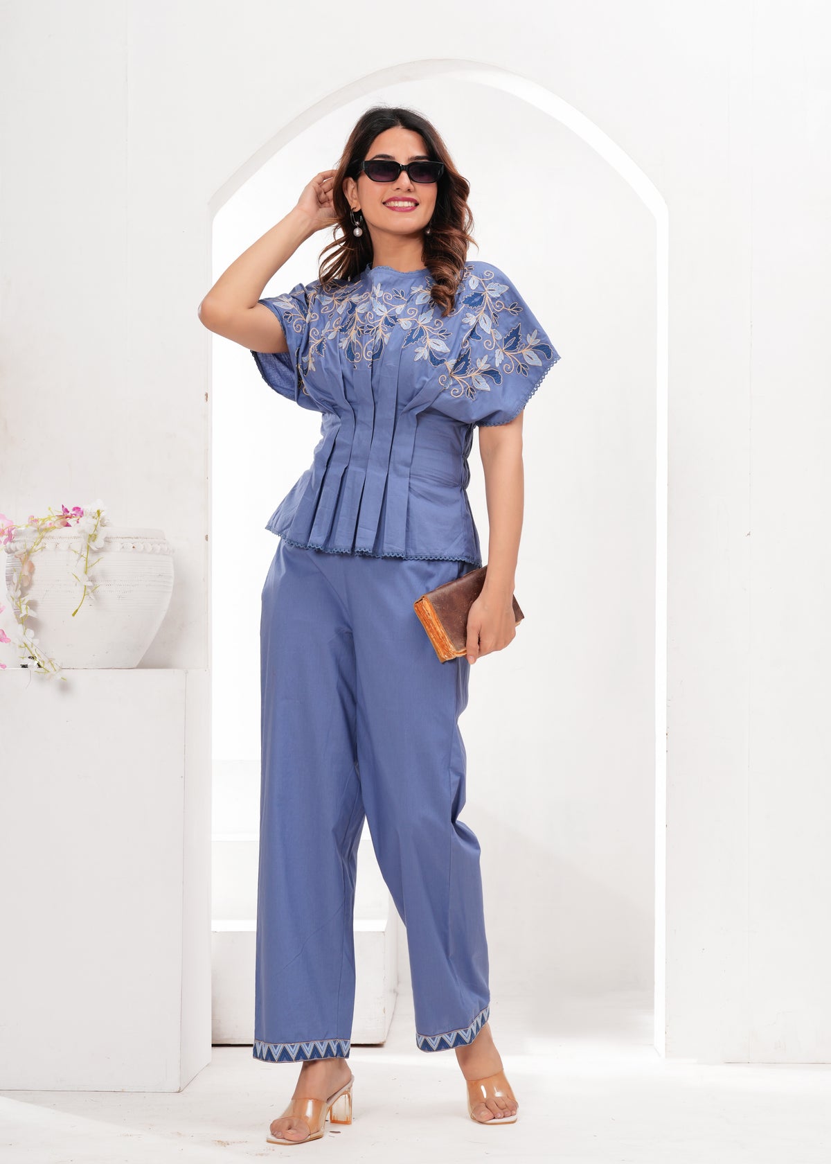 Serene Blue Cotton Embroidered Co-ord Set