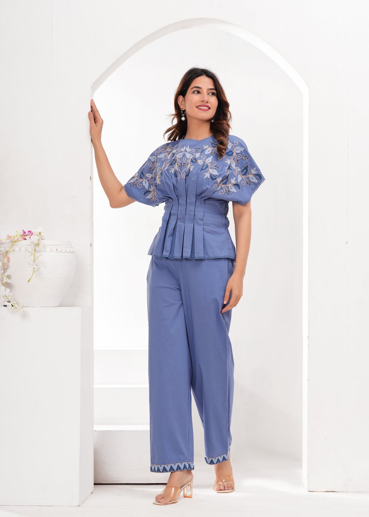 Serene Blue Cotton Embroidered Co-ord Set
