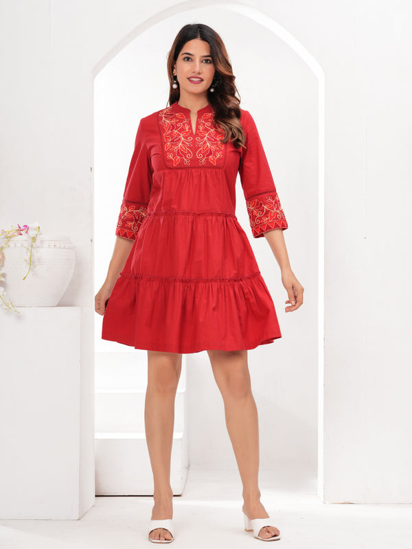 Red Cotton Embroidered Midi Dress with Closed Neck & 3/4th Sleeves