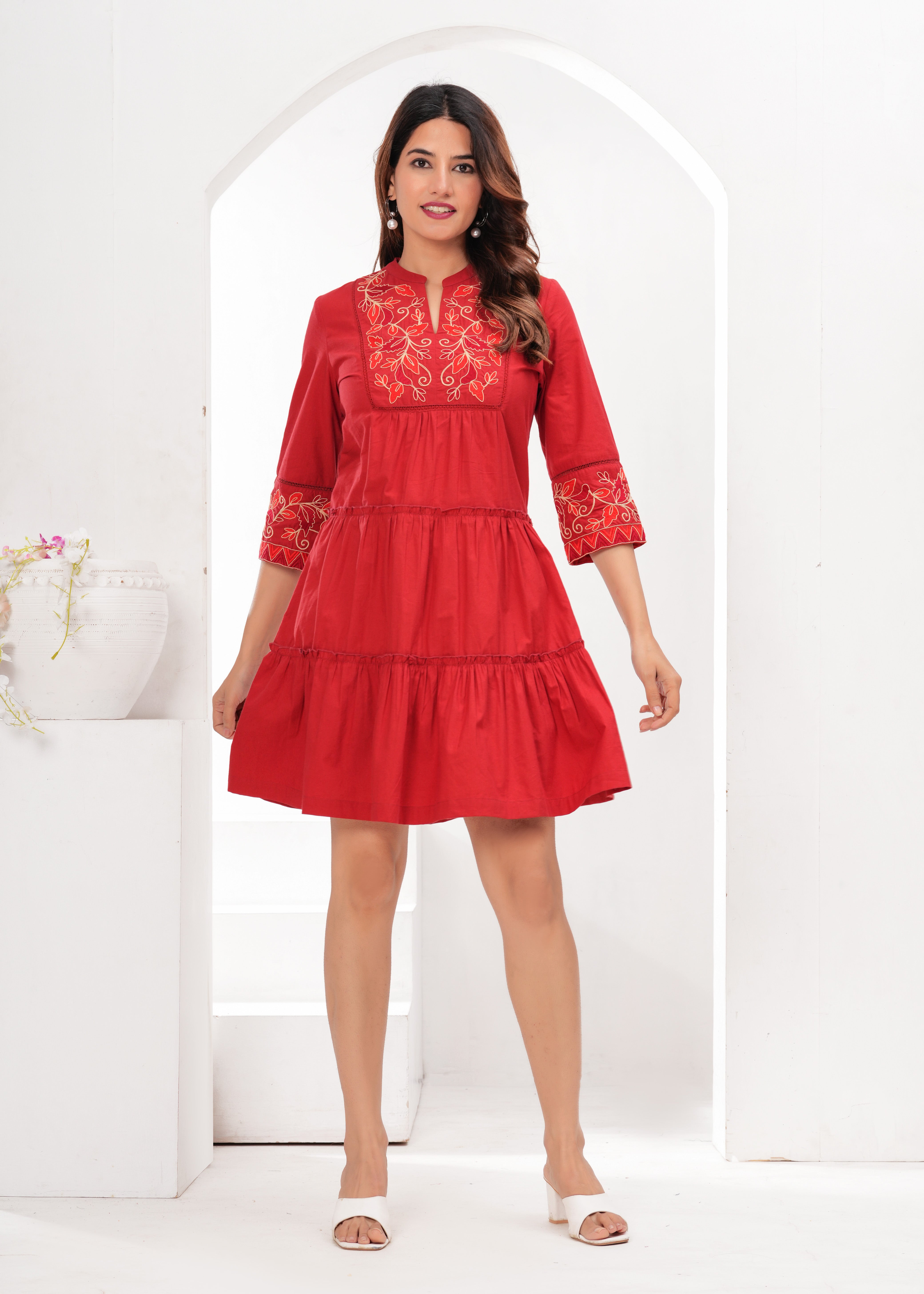 Red Cotton Embroidered Midi Dress with Closed Neck & 3/4th Sleeves
