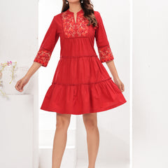 Red Cotton Embroidered Midi Dress with Closed Neck & 3/4th Sleeves