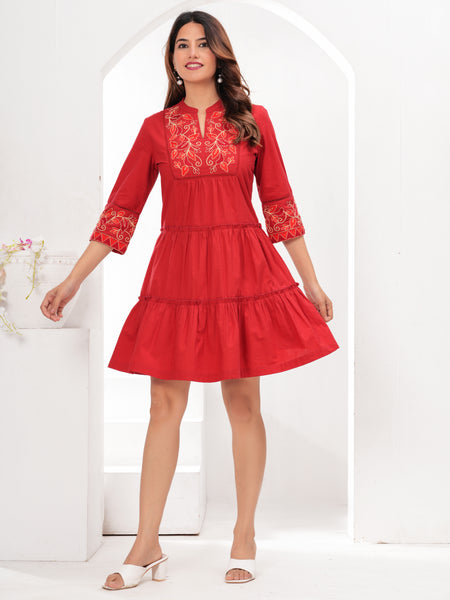 Red Cotton Embroidered Midi Dress with Closed Neck & 3/4th Sleeves
