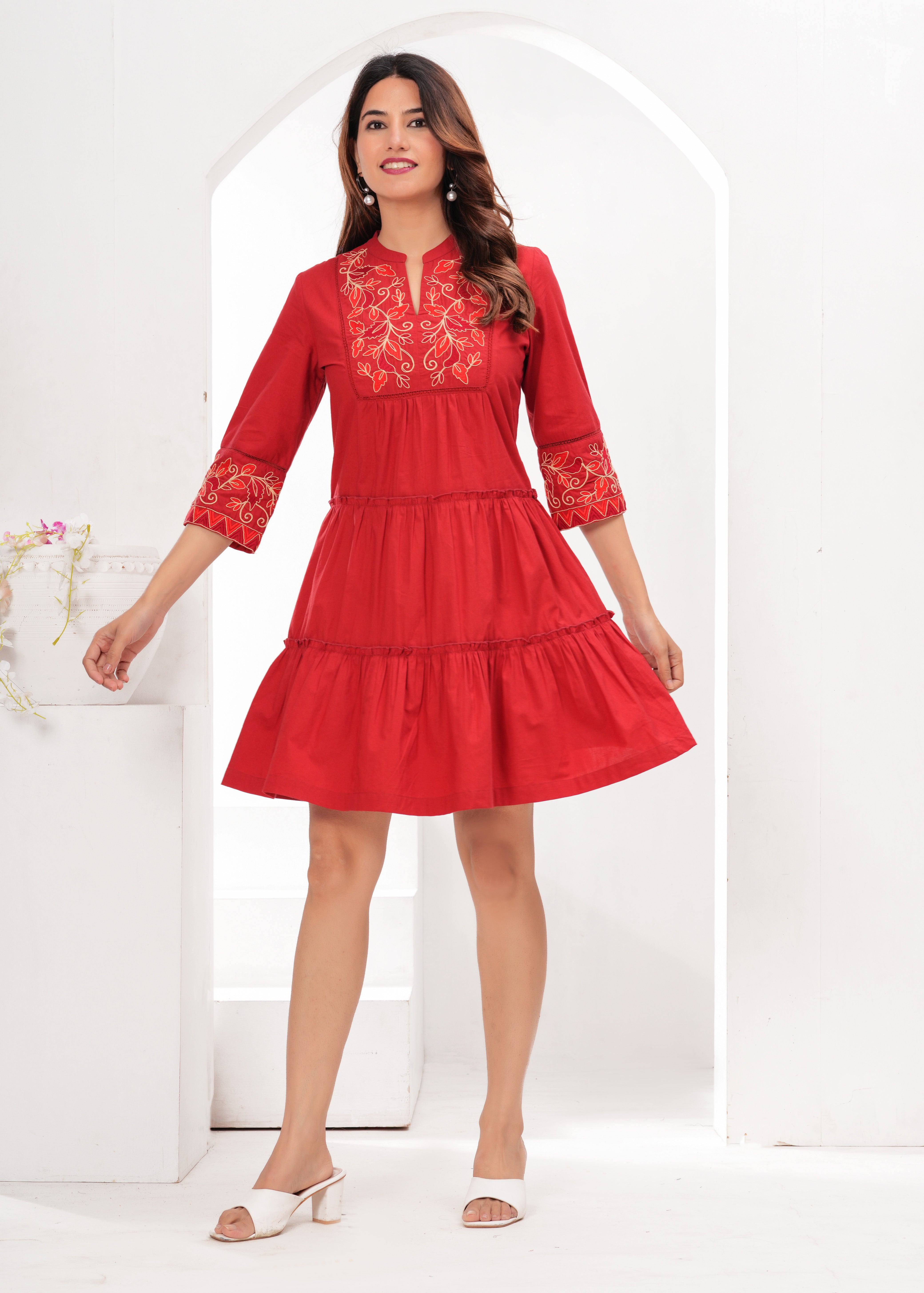 Red Cotton Embroidered Midi Dress with Closed Neck & 3/4th Sleeves