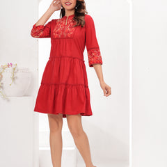 Red Cotton Embroidered Midi Dress with Closed Neck & 3/4th Sleeves