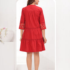 Red Cotton Embroidered Midi Dress with Closed Neck & 3/4th Sleeves