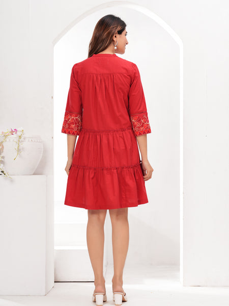 Red Cotton Embroidered Midi Dress with Closed Neck & 3/4th Sleeves