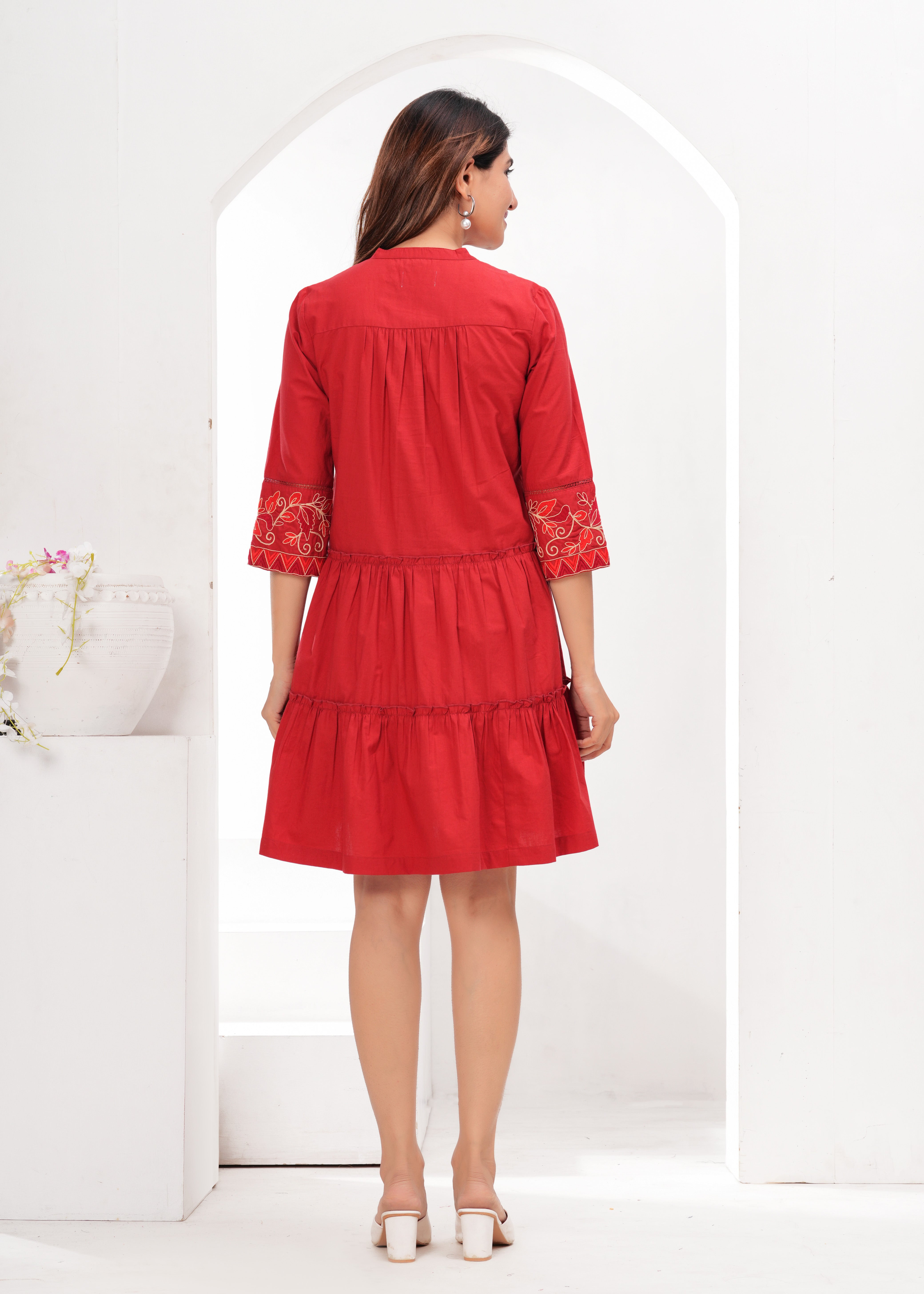Red Cotton Embroidered Midi Dress with Closed Neck & 3/4th Sleeves