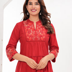 Red Cotton Embroidered Midi Dress with Closed Neck & 3/4th Sleeves