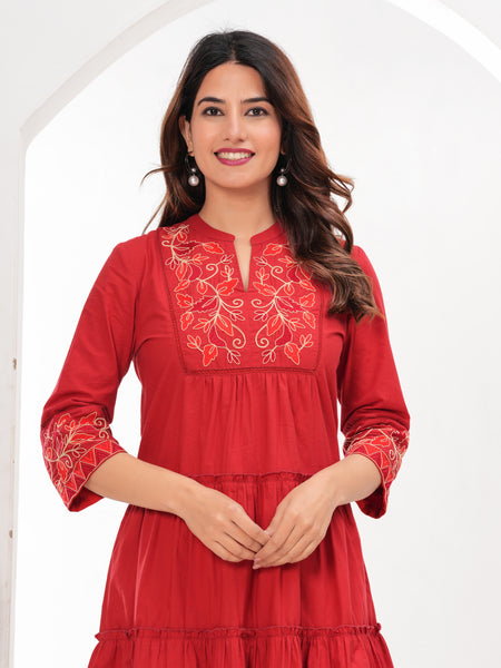 Red Cotton Embroidered Midi Dress with Closed Neck & 3/4th Sleeves