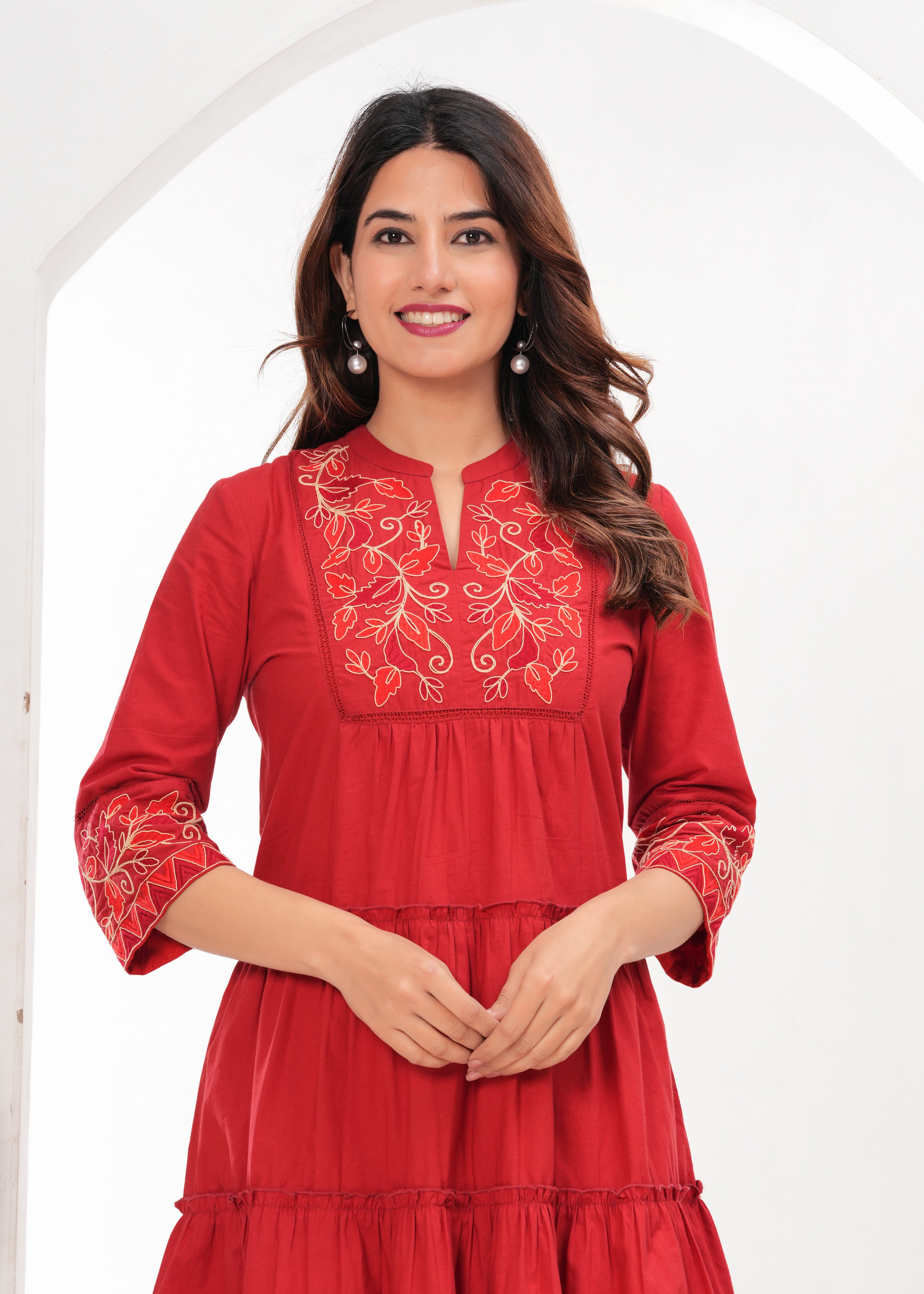 Red Cotton Embroidered Midi Dress with Closed Neck & 3/4th Sleeves