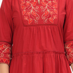 Red Cotton Embroidered Midi Dress with Closed Neck & 3/4th Sleeves