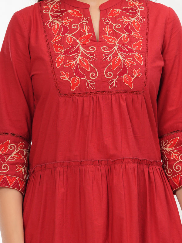 Red Cotton Embroidered Midi Dress with Closed Neck & 3/4th Sleeves