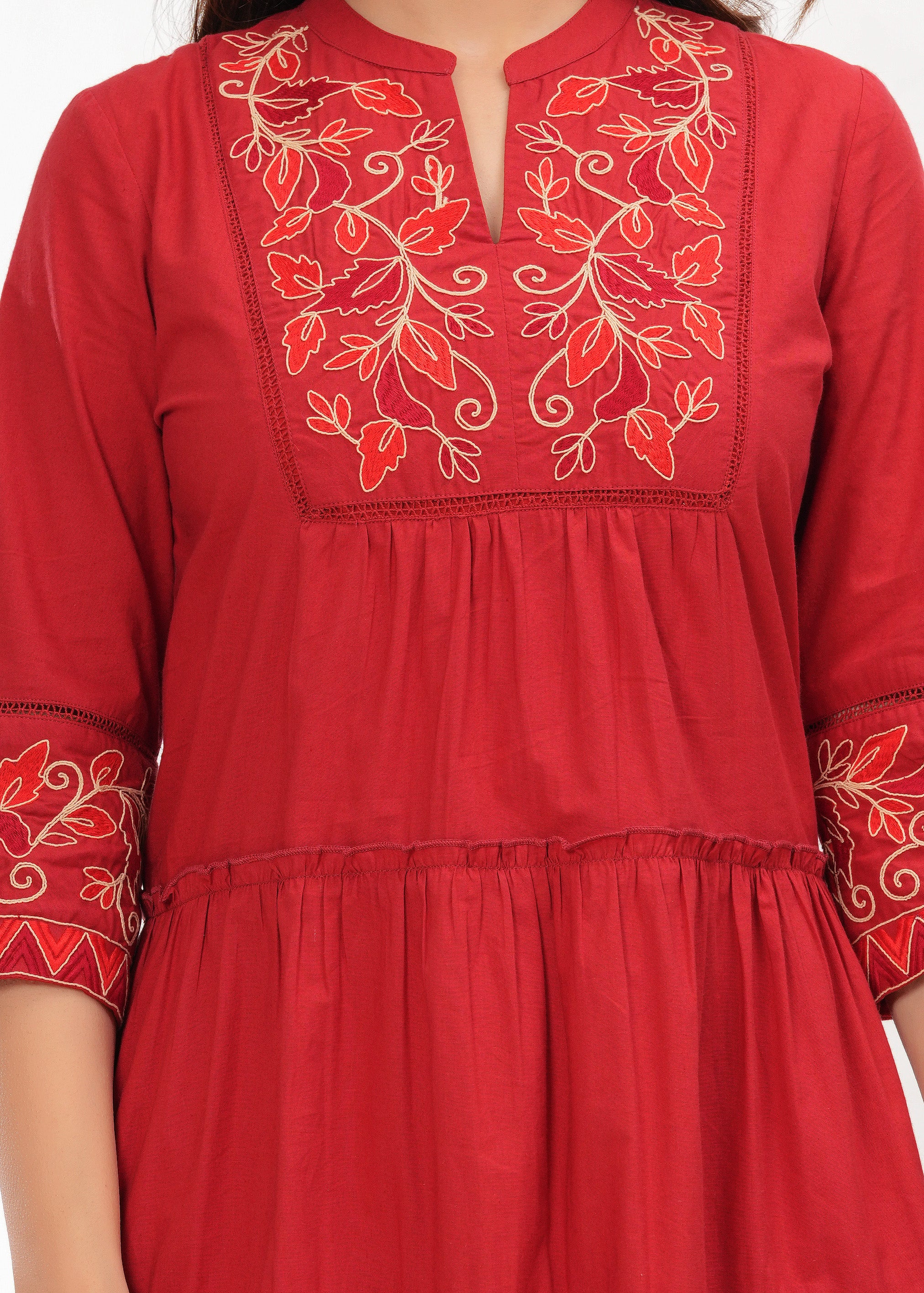 Red Cotton Embroidered Midi Dress with Closed Neck & 3/4th Sleeves
