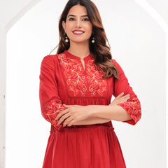 Red Cotton Embroidered Midi Dress with Closed Neck & 3/4th Sleeves